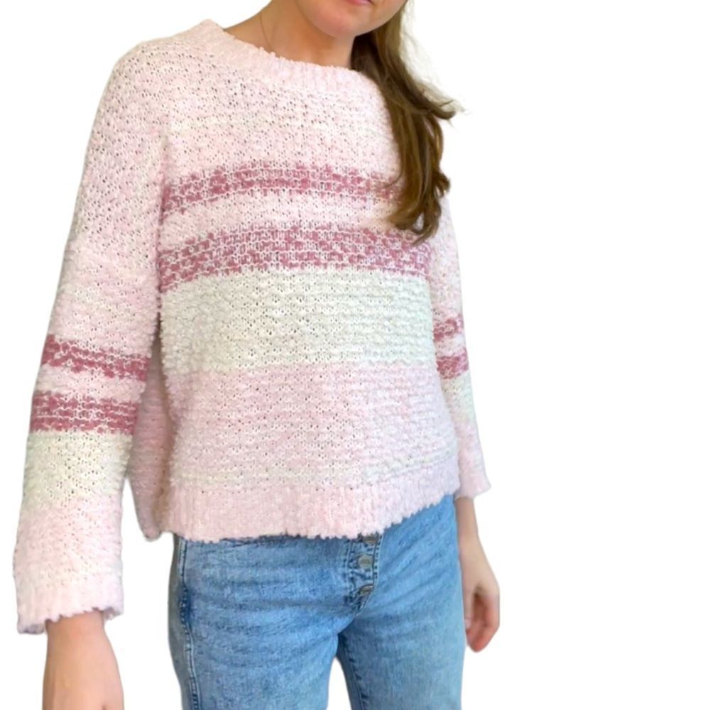Umgee Pink Striped Textured‎ Long Sleeve Crop Pullover Knit Sweater S